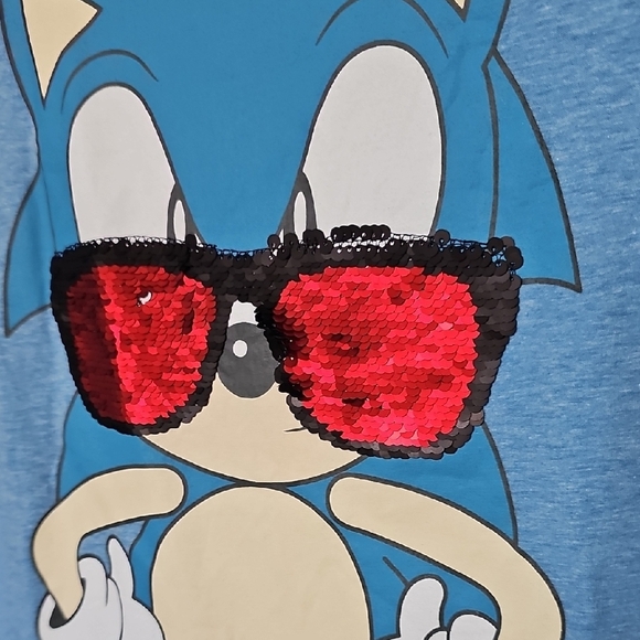 Sonic The Hedgehog Sequin Glasses Kids Blue Short Sleeve Ringer T-Shirt - Picture 3 of 7